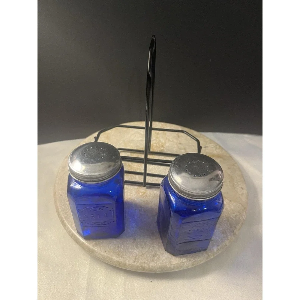 Vintage Cobalt Blue King's Crown Salt and Pepper Shakers with Carry Set